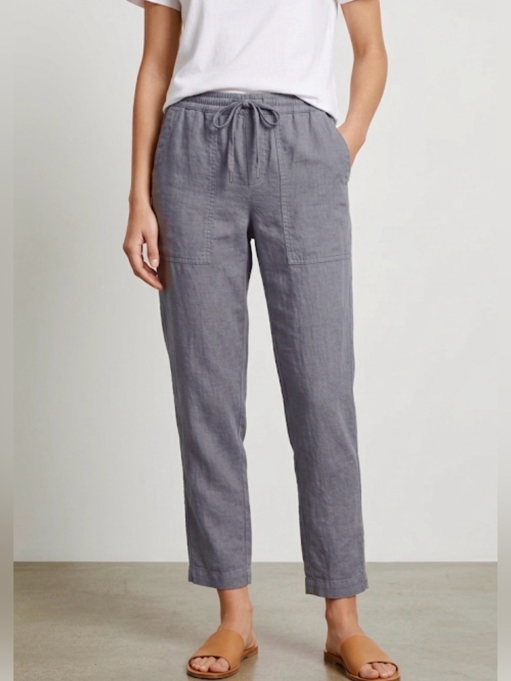 Vince NEW Linen Cotton Pants Pockets S Grey PullOn Waist Drawstring Minimalist